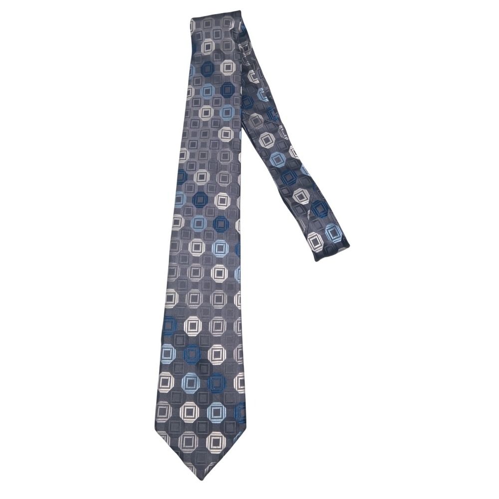 Michael Kors Men Tie Geometric Squares Pattern 100% Silk Gray Blue - Picture 1 of 6